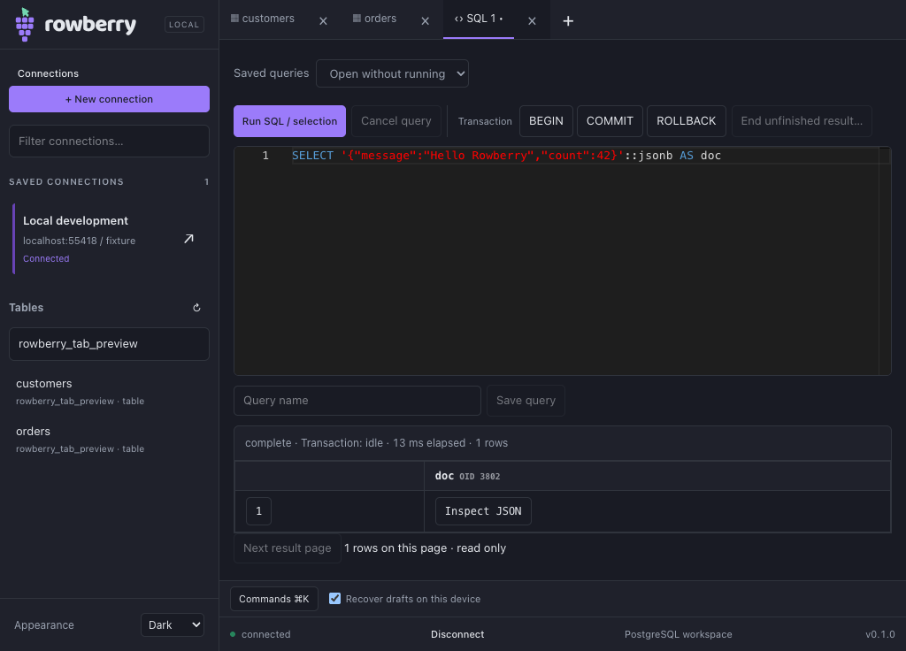 Rowberry's dark desktop workspace with saved connections, table and SQL tabs, an editor and a query result.
